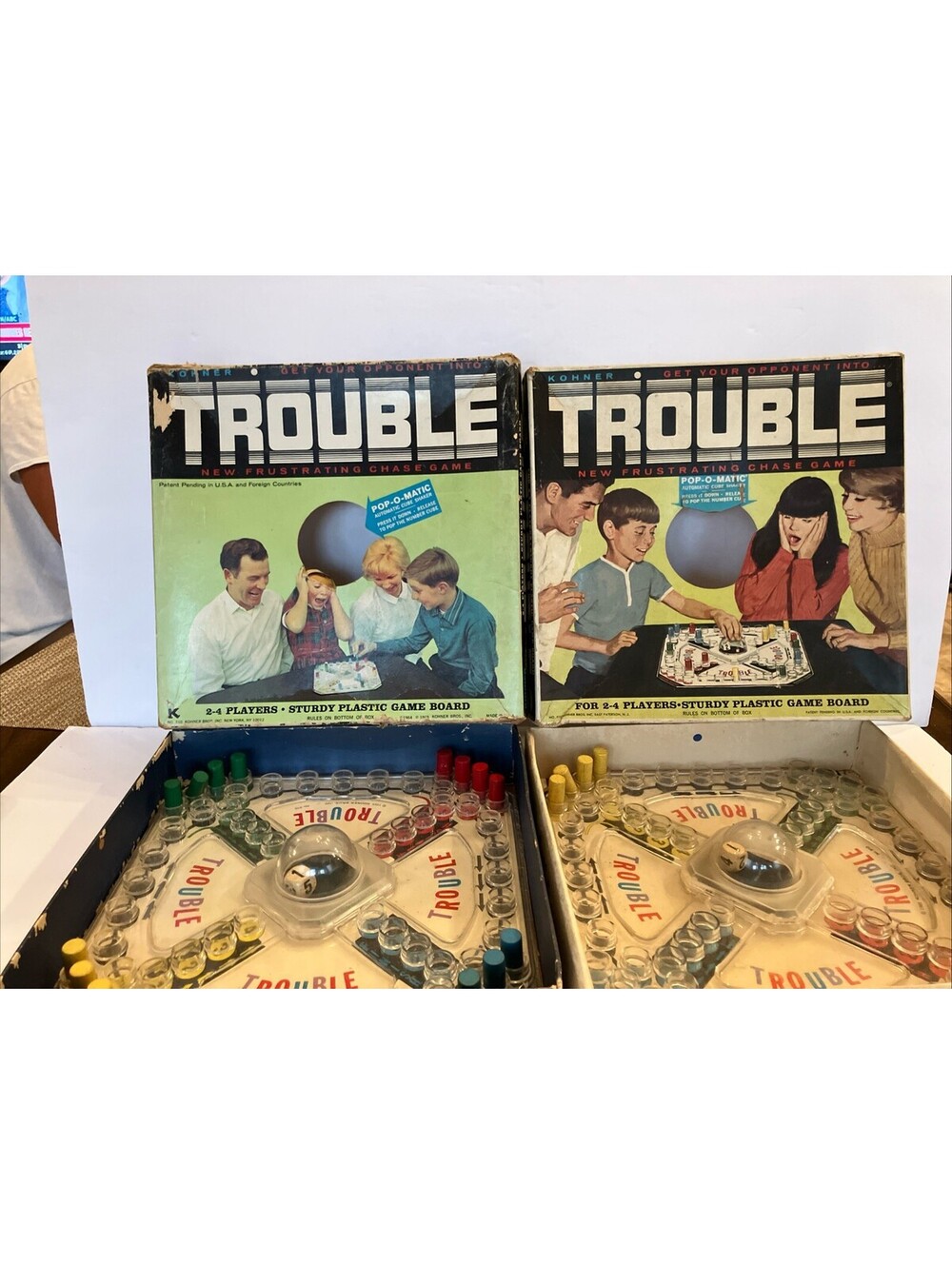 (2) Vintage 1965 Trouble Pop-O-Matic Game Kohner Complete Wooden Movers “LOOK”